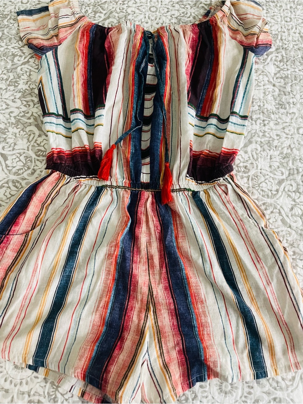 Lucky Brand Multicolor Striped Off-Shoulder Romper with Tassel Tie